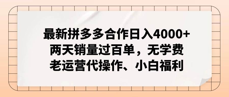 最新拼多多合作日入4000+两天销量过百单，无学费、老运营代操作、小白福利-炫知网