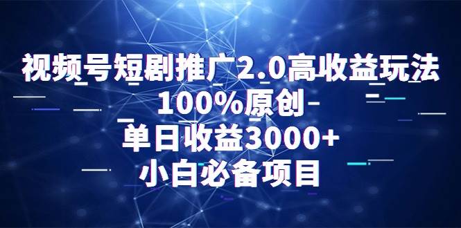 视频号短剧推广2.0高收益玩法，100%原创，单日收益3000+，小白必备项目-炫知网