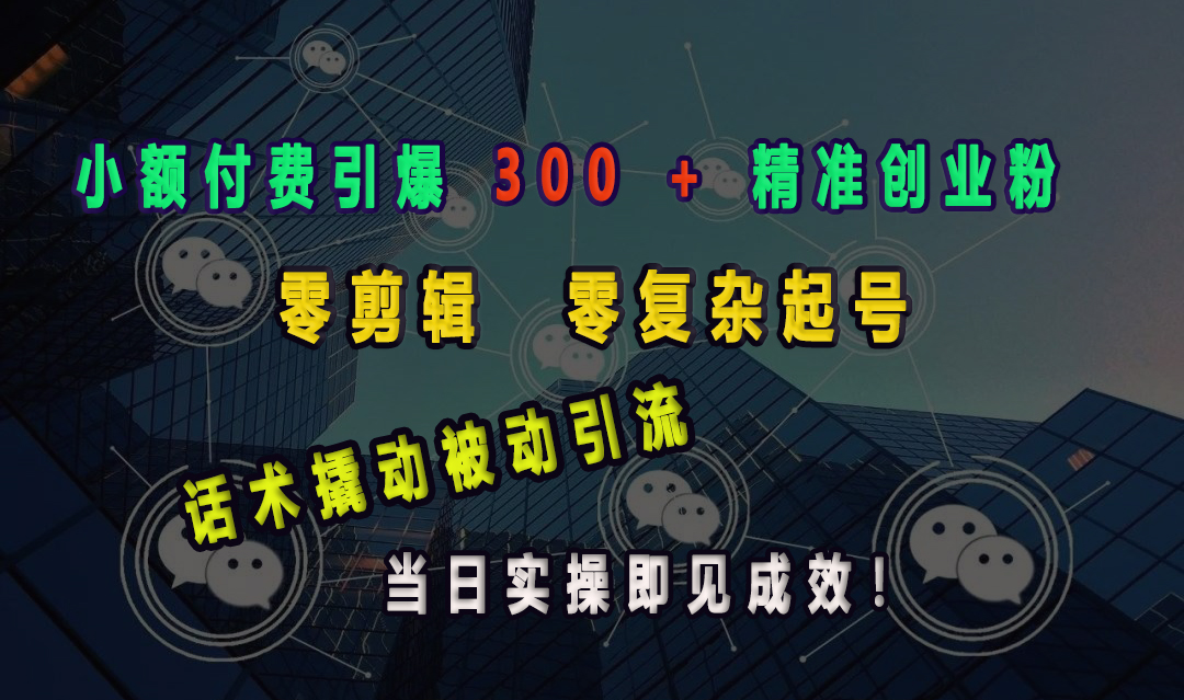 小额付费引爆 300 + 精准创业粉，零剪辑、零复杂起号，话术撬动被动引流，当日实操即见成效！-炫知网