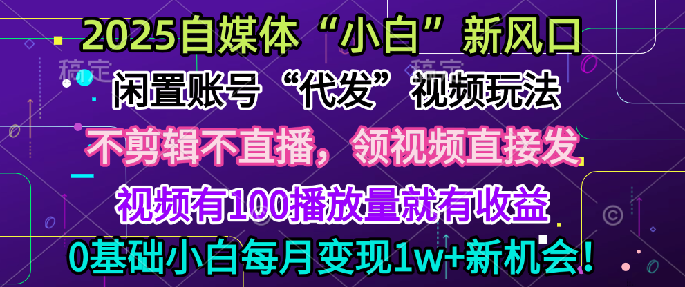 2025每月躺赚5w+新机会，闲置视频账号一键代发玩法，0粉不实名不剪辑，领了视频直接发，0基础小白也能日入300+-炫知网