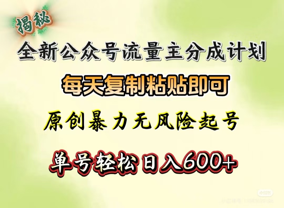 全新公众号流量主分成计划，每天复制粘贴即可，原创暴力起号无风险，单号轻松日入600+（揭秘）-炫知网