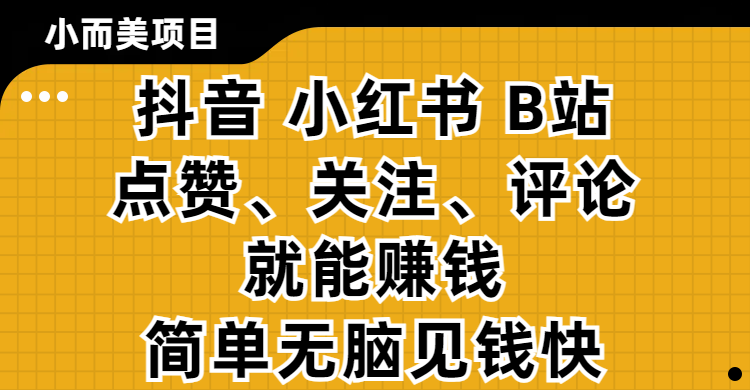 小而美的项目，抖音、小红书、B站视频点赞、关注、评论就能赚钱，简单无脑立见收益！妥妥的零撸项目-炫知网