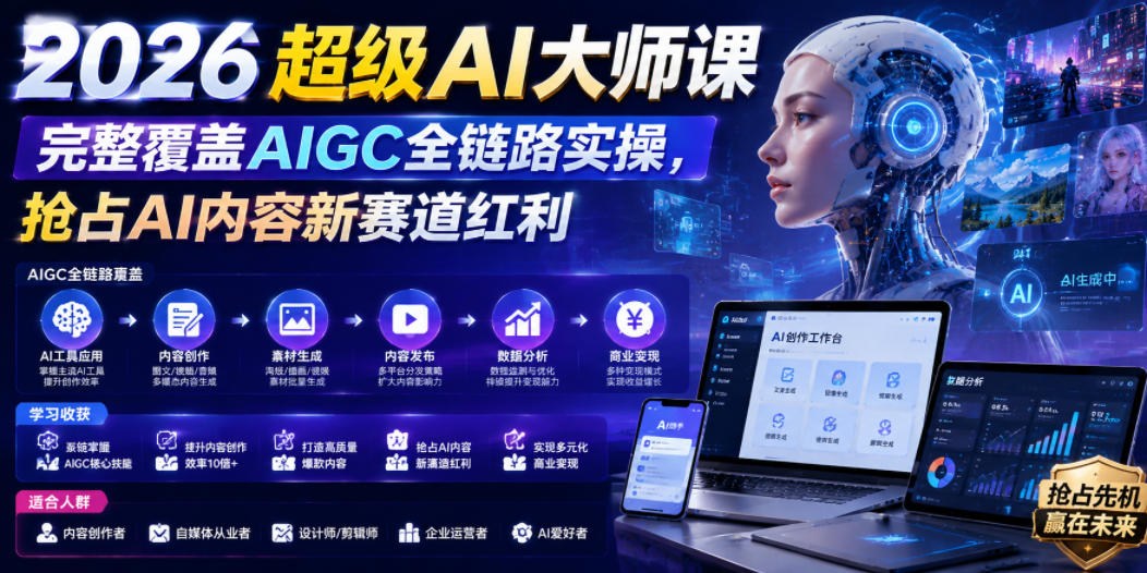 2026超级AI大师课，完整覆盖AIGC全链路实操，抢占AI内容新赛道红利-休闲学社