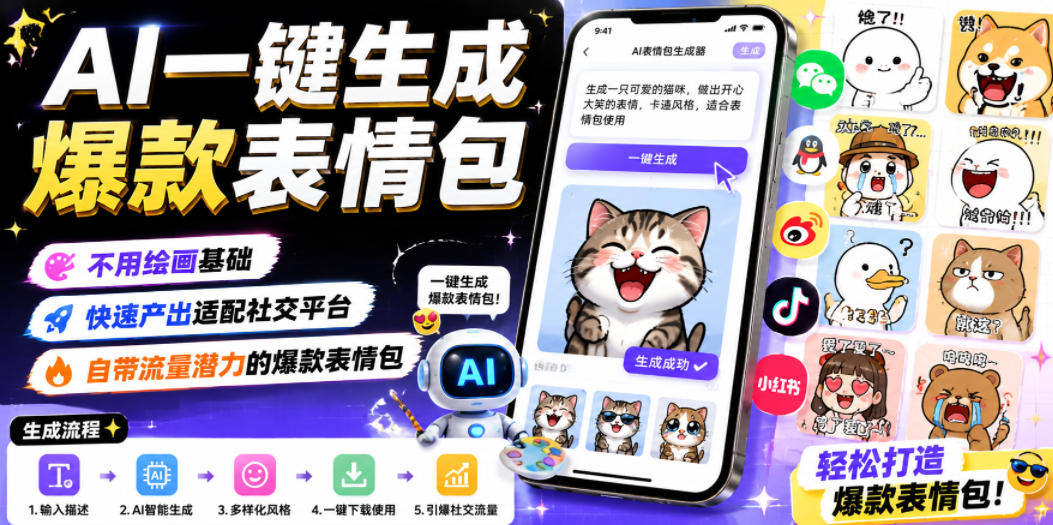 AI一键生成爆款表情包,不用绘画基础,快速产出适配社交平台,自带流量潜力的爆款表情包-休闲学社