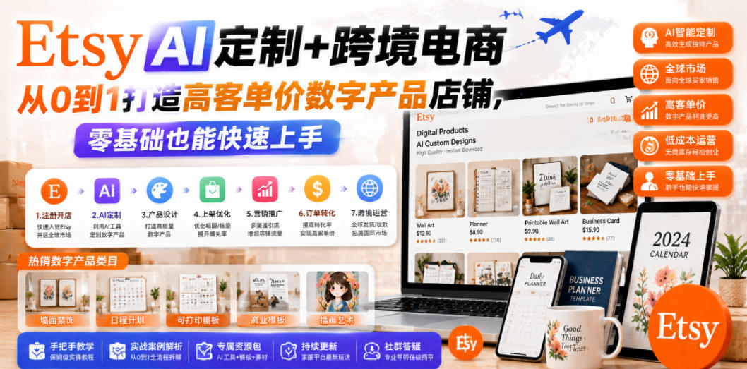 Etsy AI定制+跨境电商，从0到1打造高客单价数字产品店铺，零基础也能快速上手-休闲学社