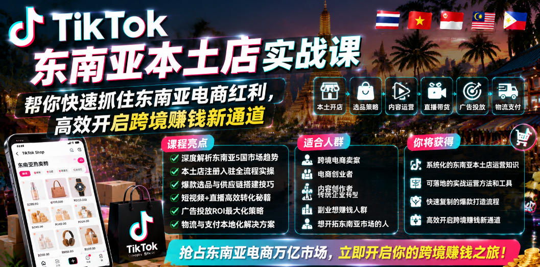 TikTok东南亚本土店实战课，帮你快速抓住东南亚电商红利，高效开启跨境賺钱新通道-休闲学社