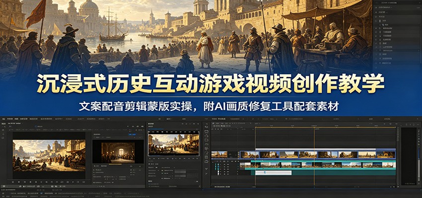 沉浸式历史互动游戏视频创作教学：文案配音剪辑蒙版实操，附AI画质修复工具配套素材-休闲学社