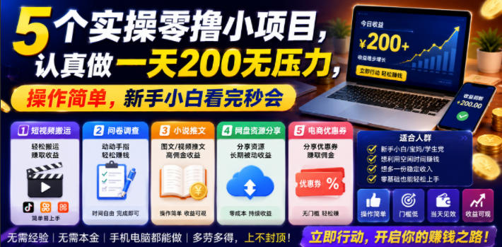 5个实操零撸小项目,认真做一天200无压力,操作简单,新手小白看完秒会【揭秘】-休闲学社