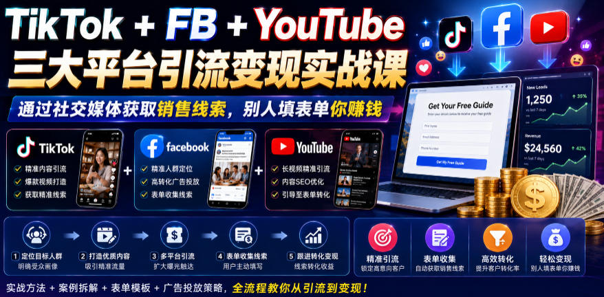 TikTok+FB+YouTube三大平台引流变现实战课,通过社交媒体获取销售线索,别人填表单你賺钱【原创双语字幕】-休闲学社