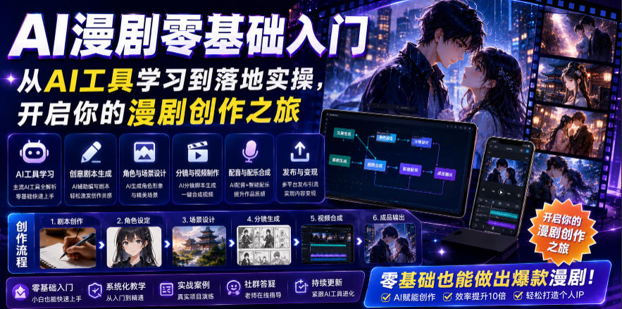 AI漫剧零基础入门,从AI工具学习到落地实操,开启你的漫剧创作之旅-休闲学社
