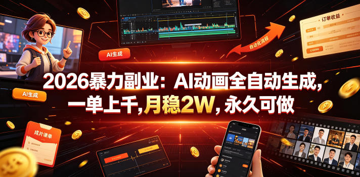 2026暴力副业：AI动画全自动生成，一单上千，月稳2W，永久可做【揭秘】-休闲学社