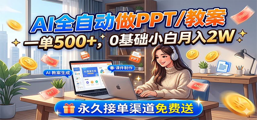 AI全自动做PPT/教案，一单500+，0基础小白月入2W，永久接单渠道免费送-休闲学社