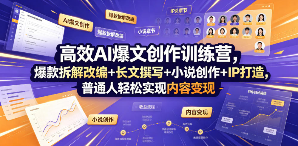 高效AI爆文创作训练营，爆款拆解改编+长文撰写+小说创作+IP打造，普通人轻松实现内容变现-休闲学社