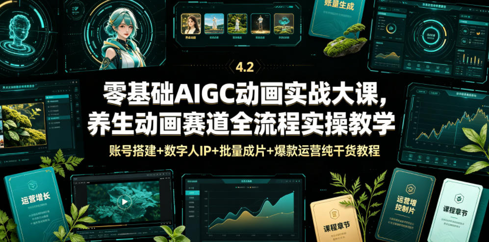 零基础AIGC动画实战大课，养生动画赛道全流程实操教学，账号搭建+数字人IP+批量成片+爆款运营纯干货教程-休闲学社
