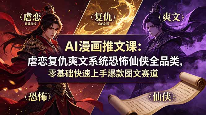 AI漫画推文课：虐恋复仇爽文系统恐怖仙侠全品类，零基础快速上手爆款图文赛道-休闲学社