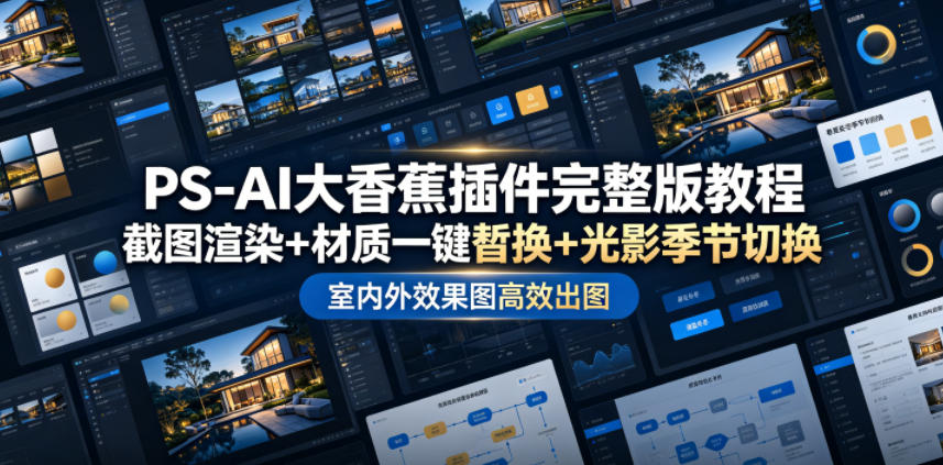 PS-AI大香蕉插件完整版教程，截图渲染+材质一键替换+光影季节切换，室内外效果图高效出图高阶课程-休闲学社