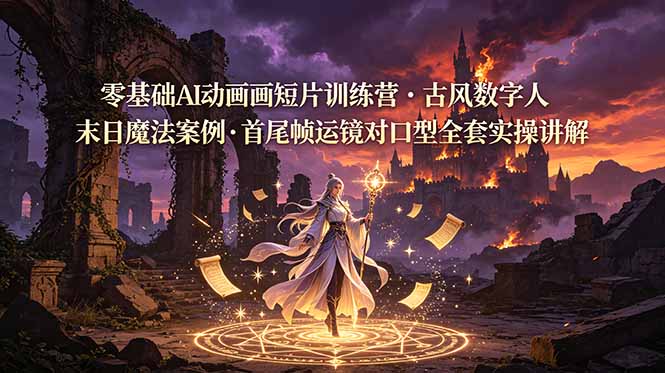 零基础AI动画短片训练营，古风数字人末日魔法案例，首尾帧运镜对口型全套实操讲解-休闲学社