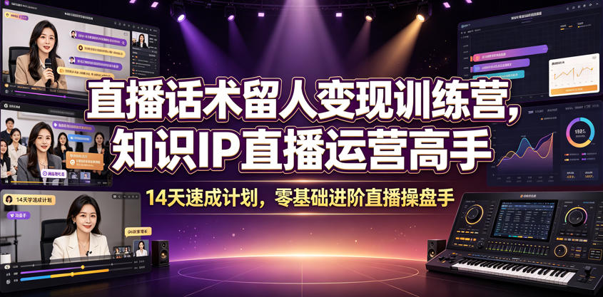 直播话术留人变现训练营，知识IP直播运营高手，14天速成计划，零基础进阶直播操盘手-休闲学社