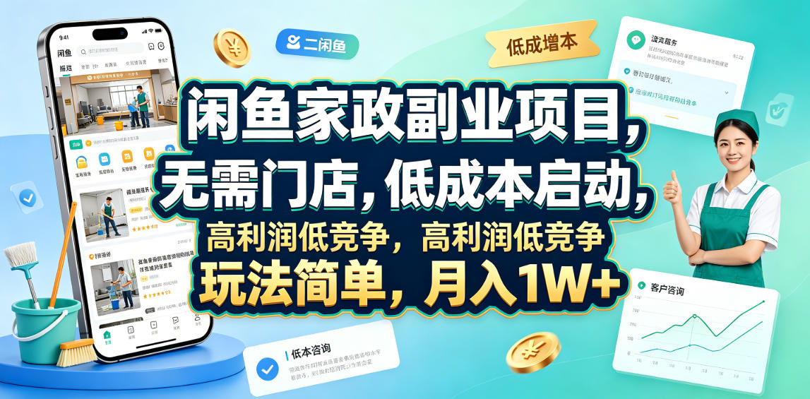闲鱼家政副业项目，无需门店，低成本启动，高利润低竞争，玩法简单，月入1W+-休闲学社