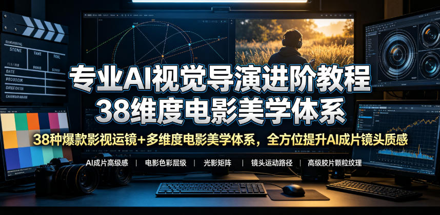 专业AI视觉导演进阶教程，38种爆款影视运镜+多维度电影美学体系，全方位提升AI成片高级感与镜头质感-休闲学社
