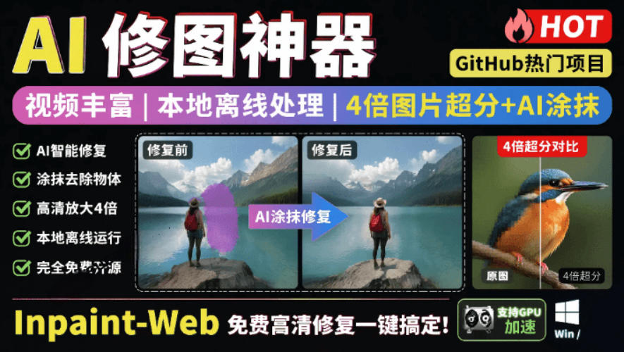 本地离线处理，4倍图片超分+AI涂抹去水印！Github上热门神器，免费高清修复图一键搞定！Inpaint-Web-休闲学社