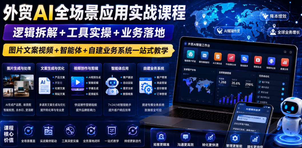 外贸AI全场景应用实战课程｜逻辑拆解+工具实操+业务落地，图片文案视频+智能体+自建业务系统一站式教学-休闲学社