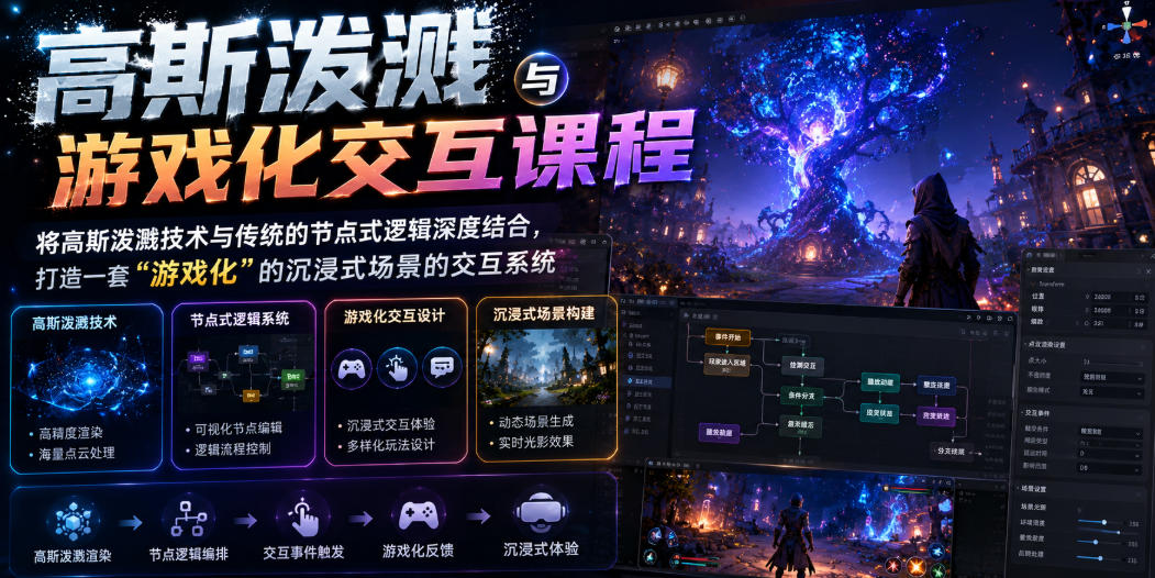 高斯泼溅与游戏化交互课程，将高斯泼溅技术与传统的节点式逻辑深度结合，打造一套“游戏化”的沉浸式场景的交互系统-休闲学社