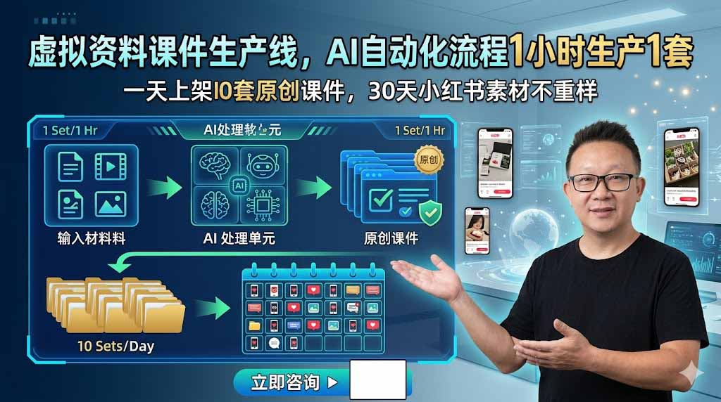 虚拟资料课件生产线，AI自动化流程1小时生产1套，一天上架10套原创课件，30天小红书素材不重样-休闲学社