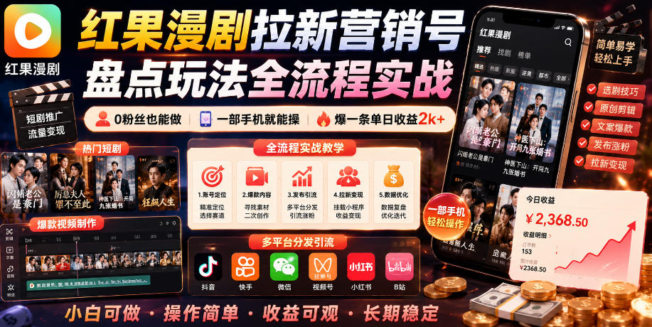 红果漫剧拉新营销号盘点玩法全流程实战，0粉丝也能做，一部手机就能做，爆一条单日收益2k+(更新0628)-休闲学社