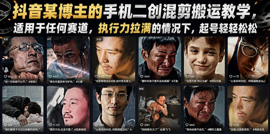 抖音某博主的手机二创混剪搬运教学，适用于任何赛道，执行力拉满的情况下，起号轻轻松松-休闲学社