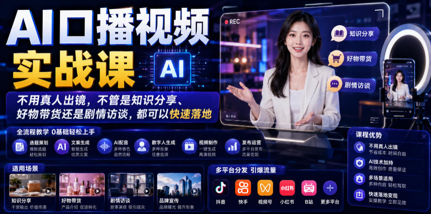 AI口播视频实战课：不用真人出镜，数字人口播带货/知识分享/剧情访谈全流程教程