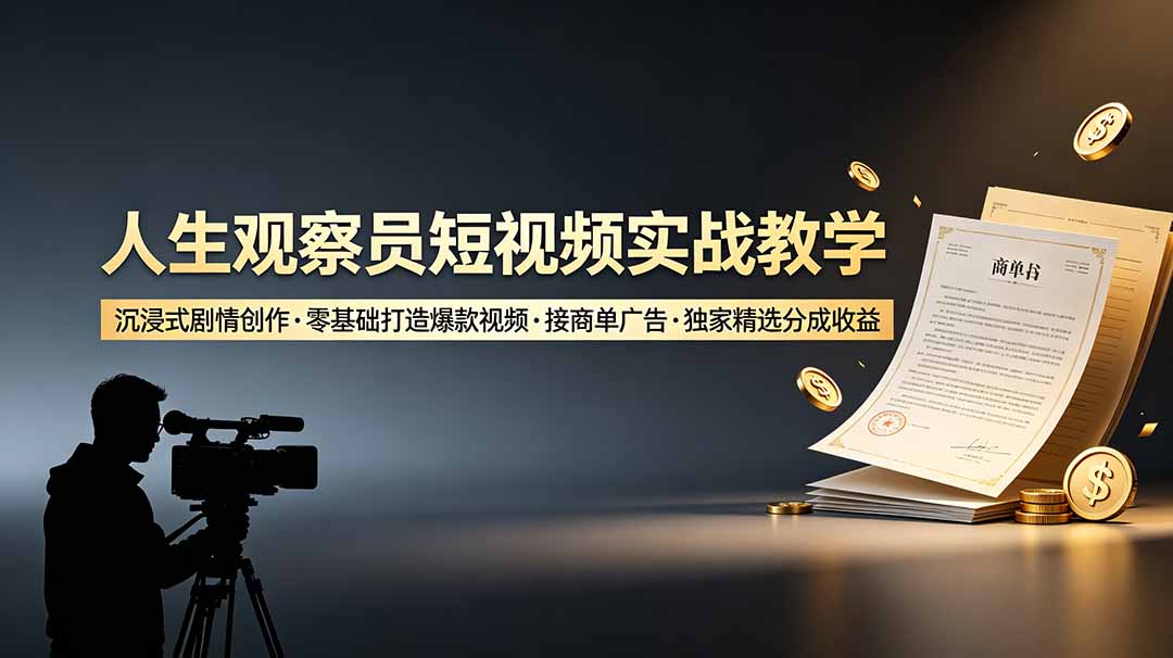 人生观察员短视频实战教学，沉浸式剧情创作，零基础打造爆款视频，接商单广告，独家精选分成收益-休闲学社
