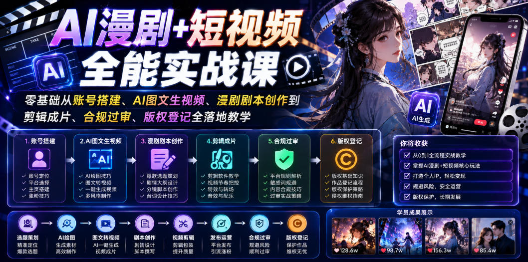 AI漫剧+短视频全能实战课｜零基础学AI图文生视频、漫剧剧本创作、剪辑成片、版权登记，全链路落地教学