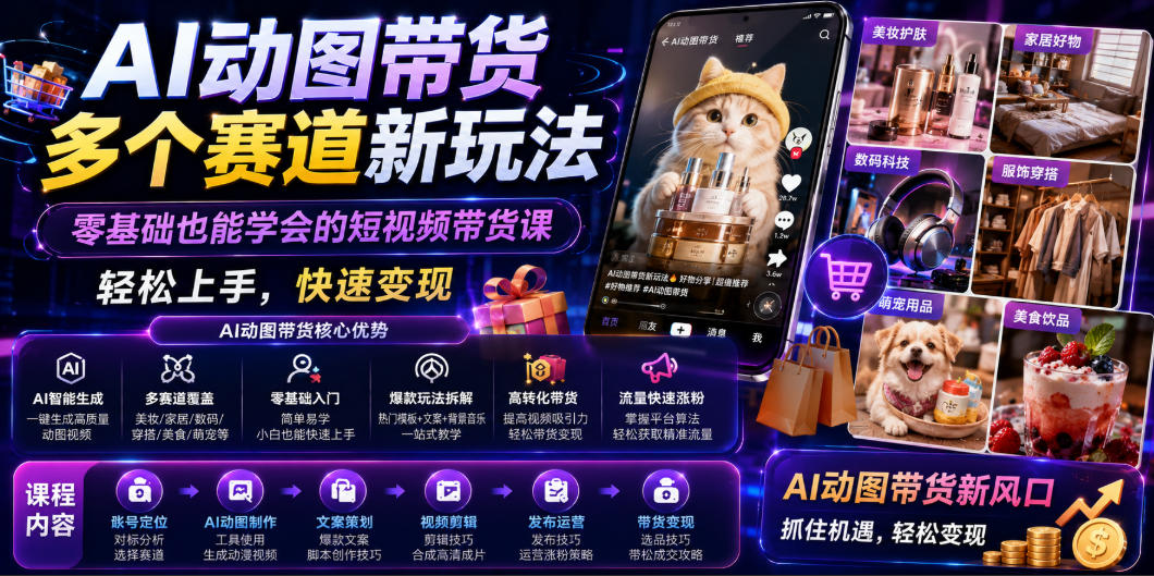 AI动图带货多个赛道新玩法，零基础也能学会的短视频带货课，轻松上手，快速变现-休闲学社