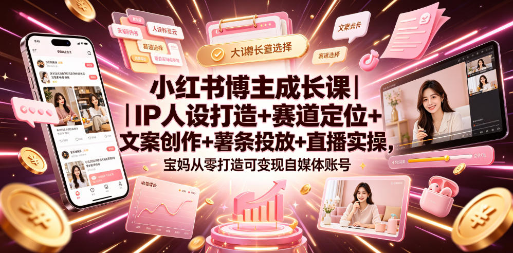 小红书博主成长课｜IP人设打造+赛道定位+文案创作+薯条投放+直播实操，宝妈从零打造可变现自媒体账号-休闲学社