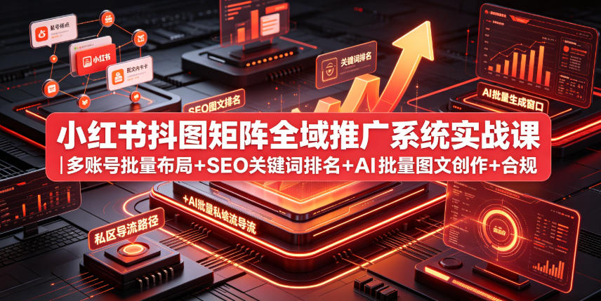 小红书抖图矩阵全域推广系统实战课｜多账号批量布局+SEO关键词排名+AI批量图文创作+合规私域导流完整落地教程-休闲学社