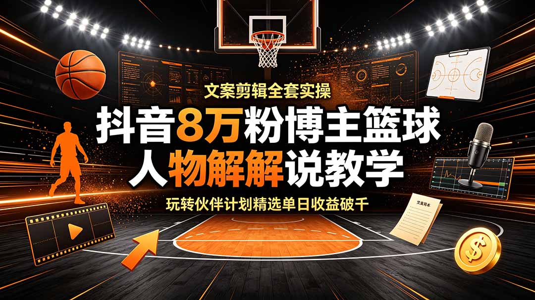 抖音8万粉博主篮球人物解说教学，文案剪辑全套实操，玩转伙伴计划精选单日收益破千-休闲学社