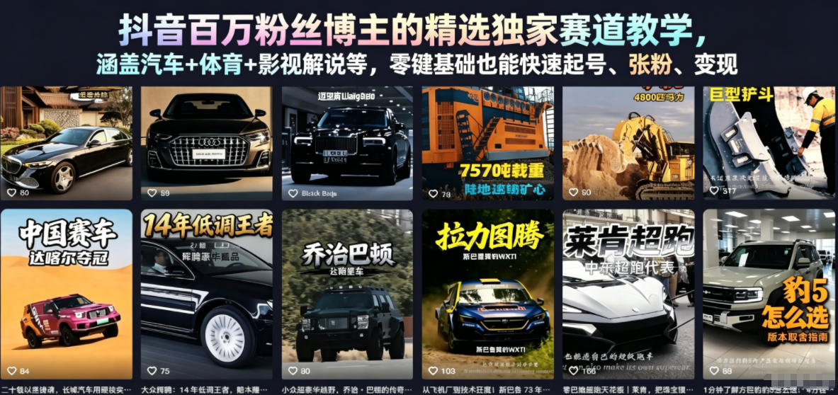 抖音百万粉丝博主的精选独家赛道教学，涵盖汽车+体育+影视解说等，零基础也能快速起号、涨粉、变现(更新0701)-休闲学社
