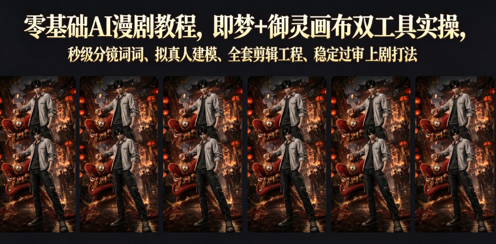 零基础AI漫剧教程：即梦+御灵画布双工具实操，秒级分镜提示词、拟真人建模、全套剪辑工程、稳定过审上剧打法