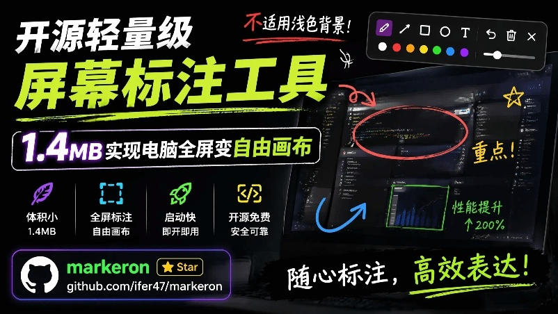 开源轻量级屏幕标注工具，1.4MB实现电脑全屏变自由画布！支持8种标注工具和全键盘操控MarkerOn-休闲学社