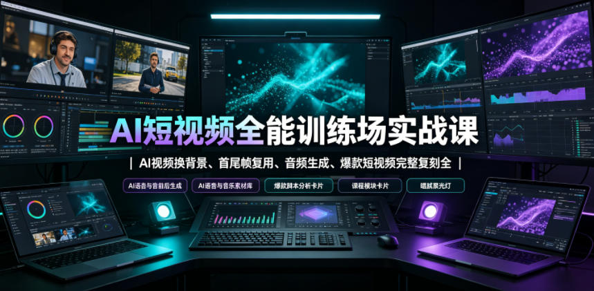 AI短视频全能训练场实战课｜AI视频换背景、首尾帧复用、音频生成、爆款短视频完整复刻全套实操教学-休闲学社