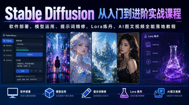 Stable Diffusion从入门到进阶实战课程｜软件部署、模型运用、提示词精修、Lora炼丹、AI图文视频全能落地教程-休闲学社