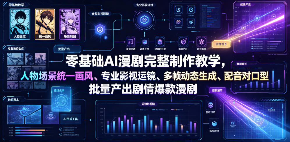 零基础AI漫剧完整制作教学,人物场景统一画风、专业影视运镜、多帧动态生成、配音对口型,批量产出剧情爆款漫剧 - 图片1