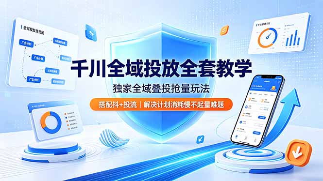 千川全域投放全套教学，独家全域叠投抢量玩法，搭配抖+投流，解决计划消耗慢不起量难题-休闲学社