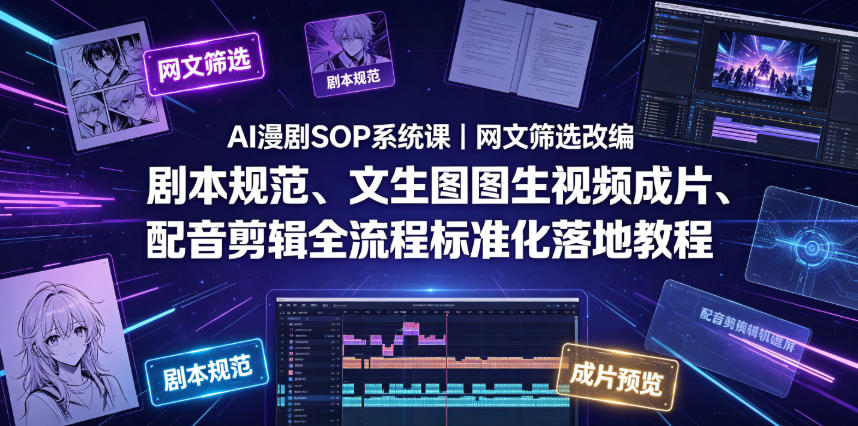 AI漫剧SOP系统课|网文筛选改编、剧本规范、文生图图生视频成片、配音剪辑全流程标准化落地教程 - 图片1