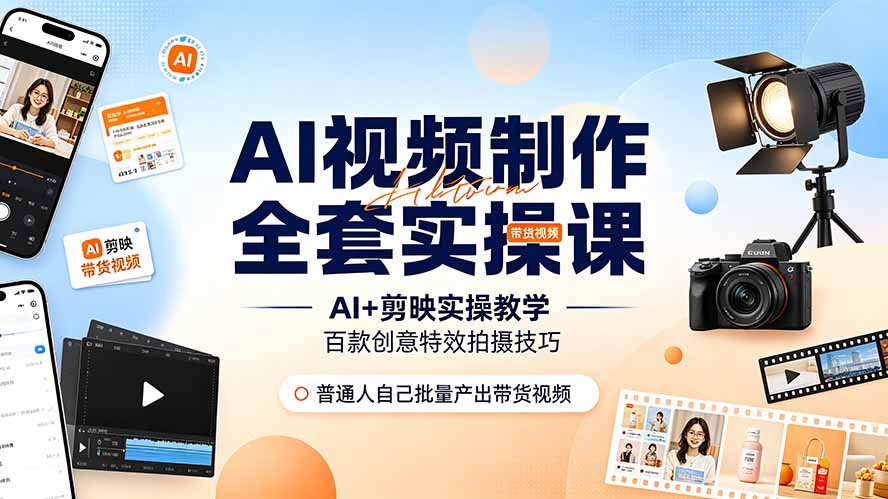 AI视频制作全套实操课,多款AI工具搭配剪映教学,百种特效运镜拍摄实操,抖音账号带货运营全覆盖-休闲学社