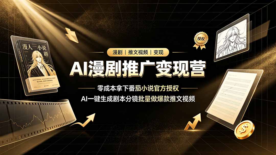 AI漫剧推广变现营，零成本拿下番茄小说官方授权，AI一键生成剧本分镜批量做爆款推文视频-休闲学社