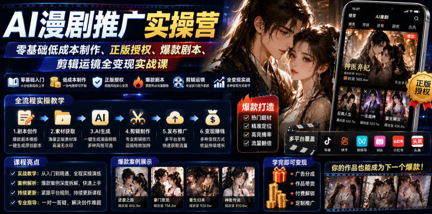 AI漫剧推广实操营|零基础低成本制作、正版授权、爆款剧本、剪辑运镜全变现实战课 - 图片1