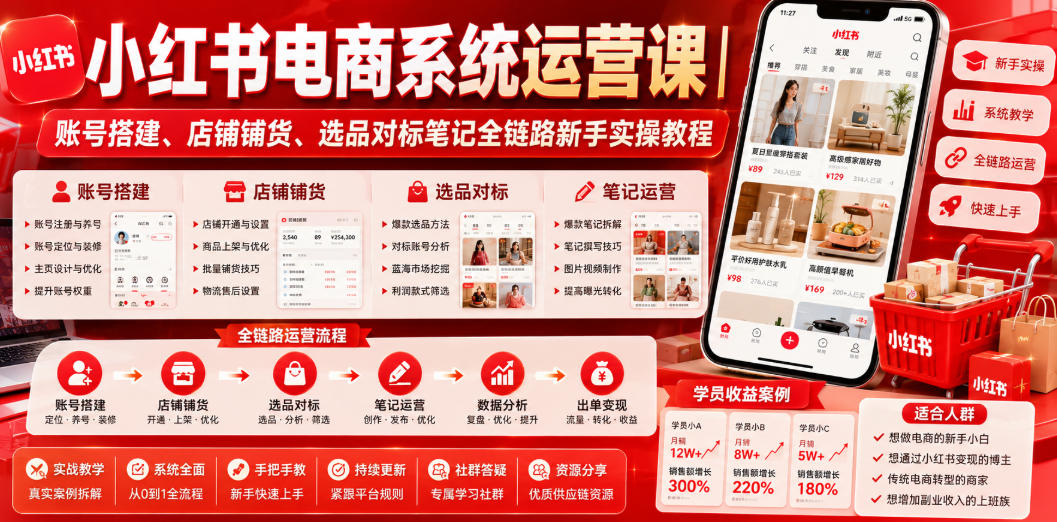 小红书电商系统运营课|账号搭建、店铺铺货、选品对标笔记全链路新手实操教程 - 图片1