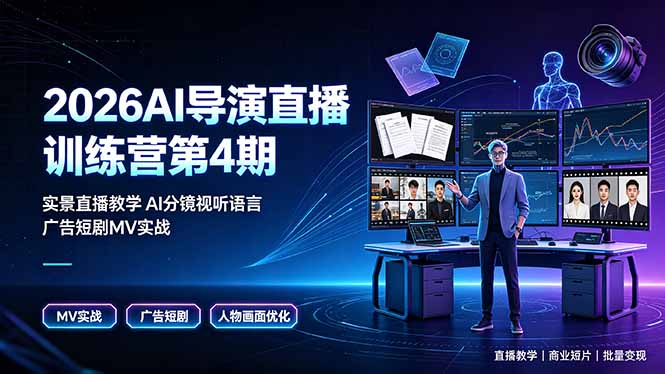 2026AI导演直播训练营第4期，实景直播教学AI分镜视听语言，广告短剧MV实战，解决人物画面崩坏痛点-休闲学社